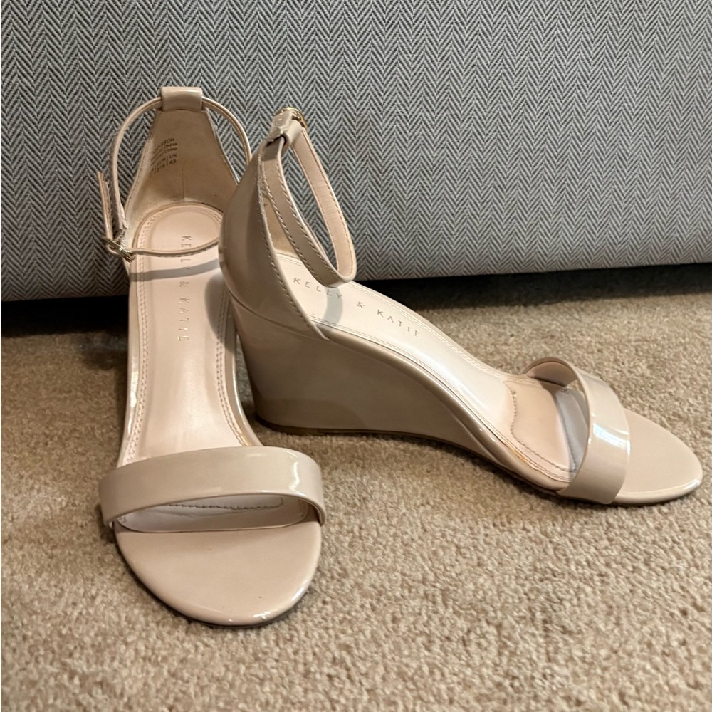 Kelly & Katie Nude Patent Ankle-Strap Summer Wedge Heel Sandals - Women Size 7